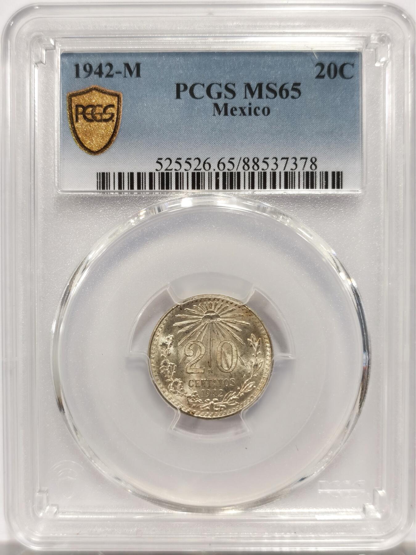 博洋堂世界钱币拍卖第144期（全场包邮） PCGS MS65 墨西哥1942年鹰洋20分银币