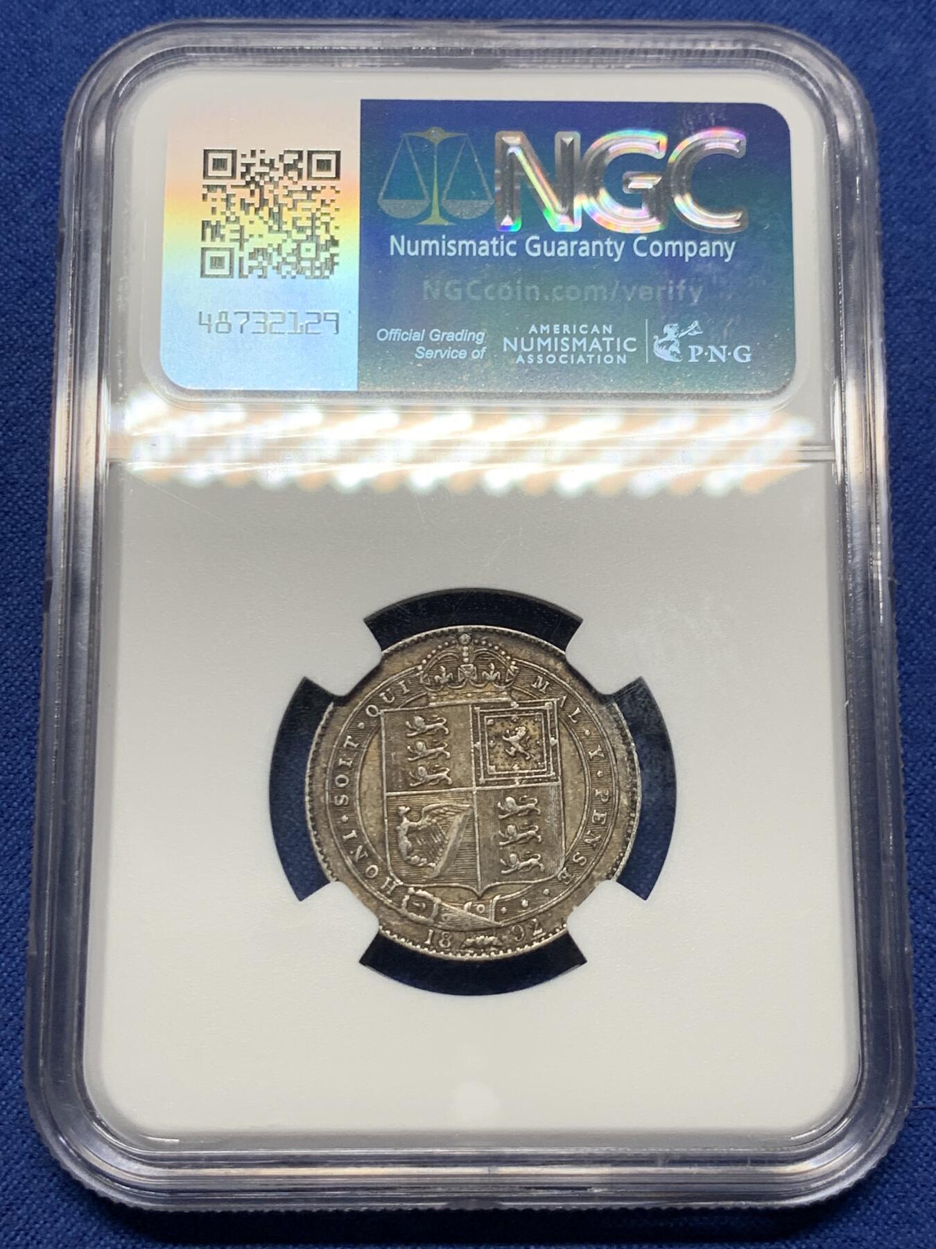《竞宝斋》第433场 周日，周一 2场连拍 （全场包邮） NGC XF45 英国1892年维多利亚女王高冠1先令银币 原味深包浆