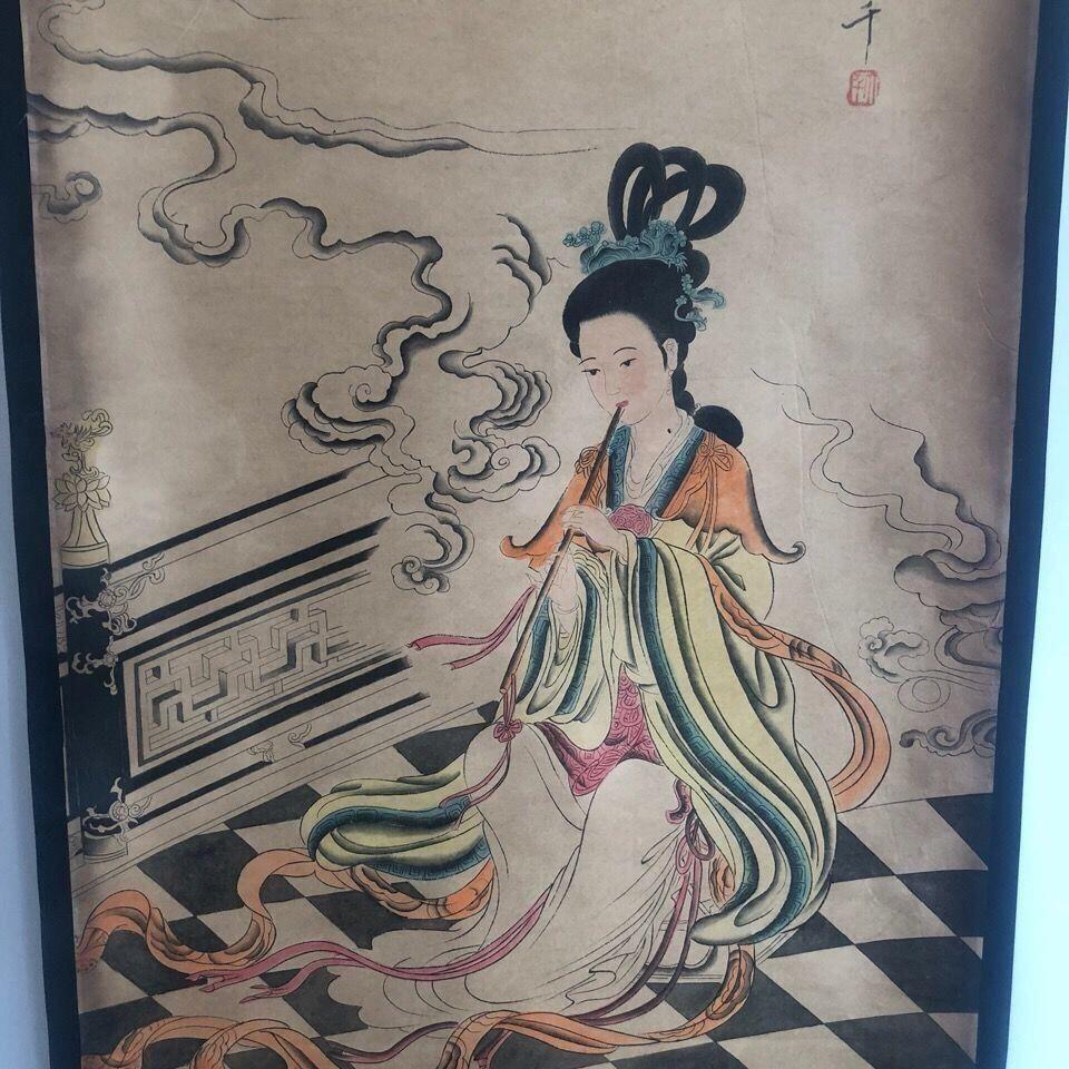 听雨轩（10） 名家名画中堂挂画（一）  张大千仕女吹箫图（仿古装饰画）