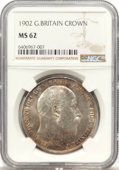 博洋堂世界钱币拍卖第144期（全场包邮） - NGC MS62 英国1902年爱德华七世1克朗马剑银币 普制低评，两面粉光带彩，马剑面打制得特别犀利