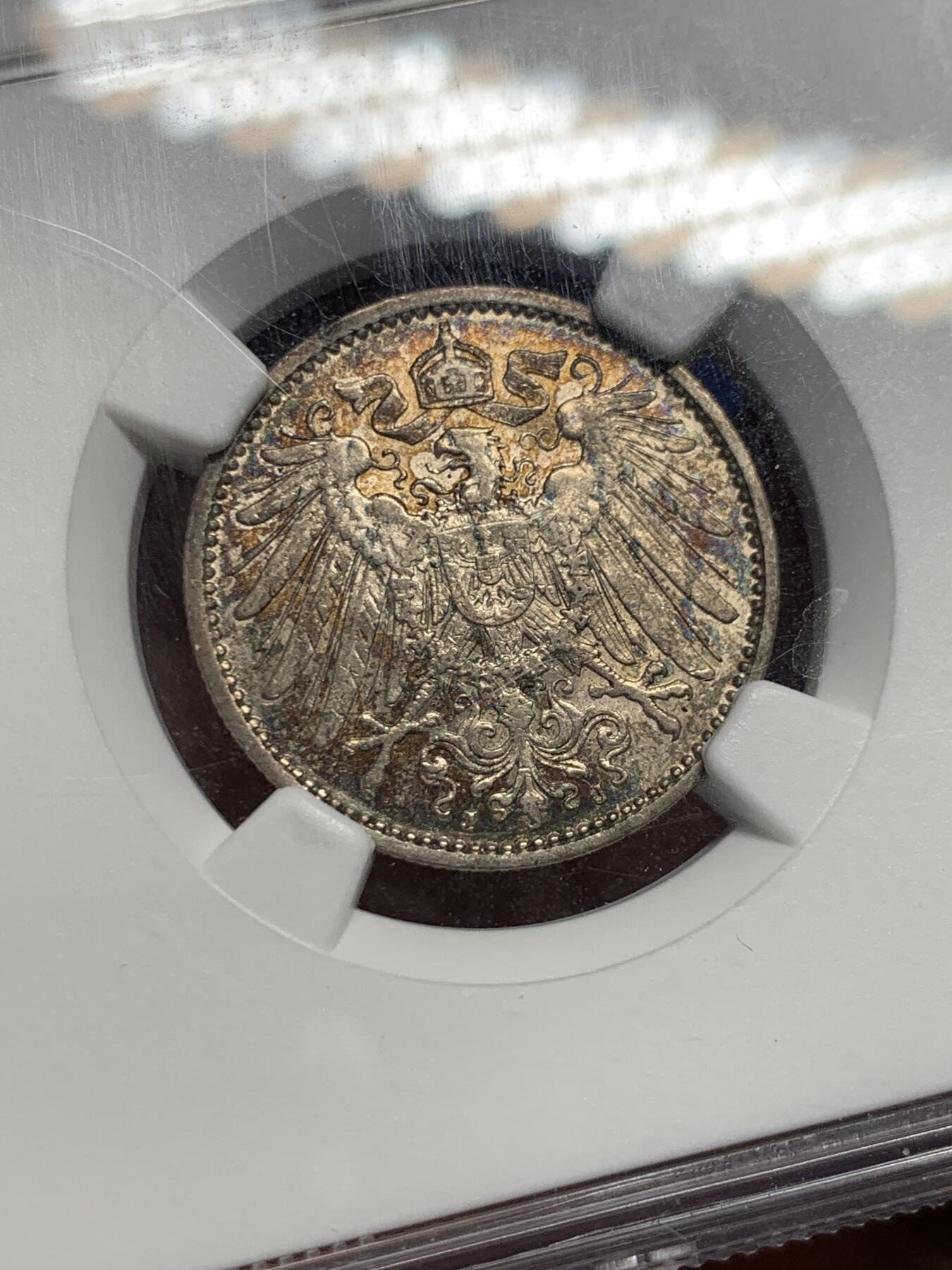 《竞宝斋》第433场 周日，周一 2场连拍 （全场包邮） NGC AU55 德国 1910年J厂 1马克银币 深彩包浆
