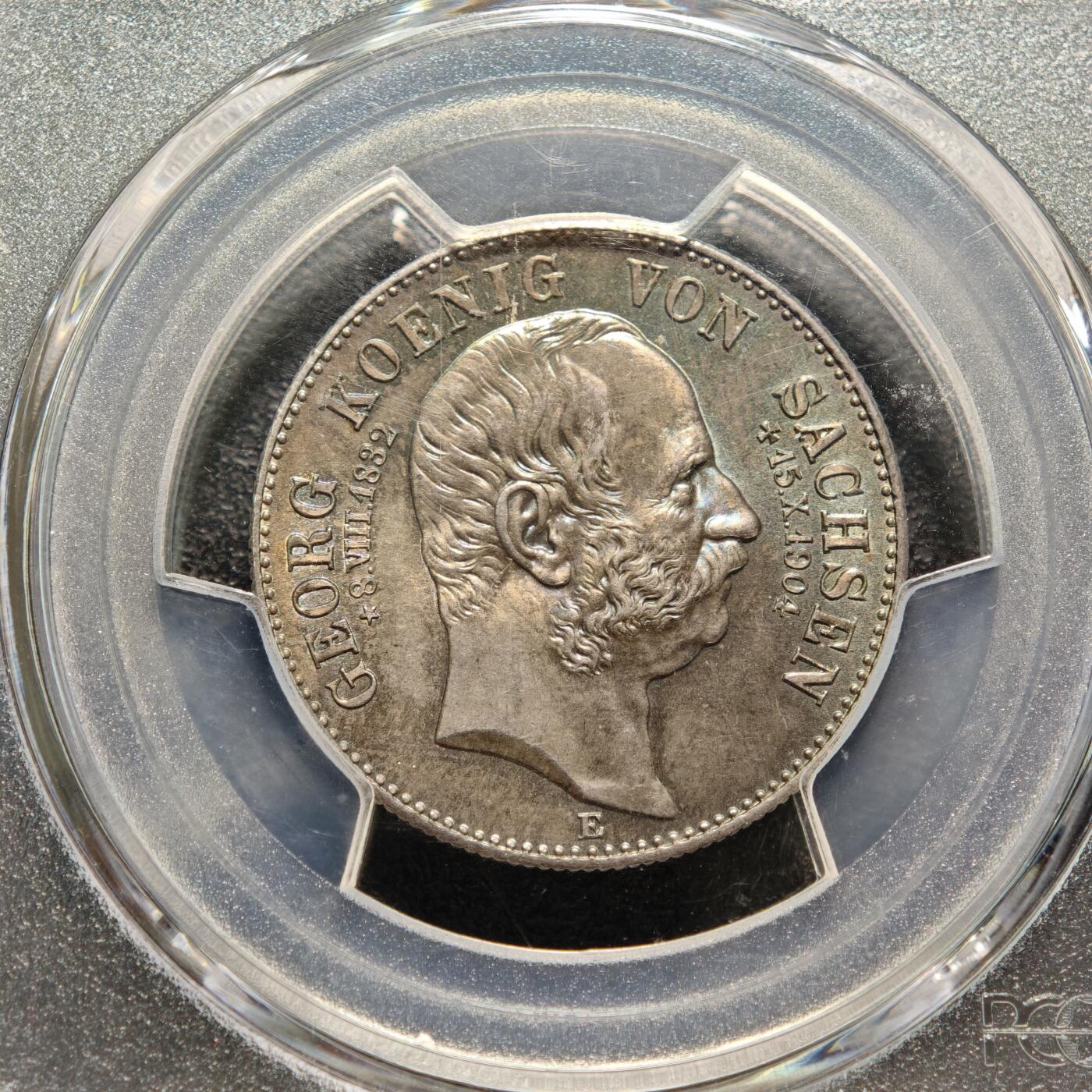 【德藏】世界币章拍卖第151期（拍品征集中~欢迎藏友联系） 1904年 德国萨克森2马克银币 PCGS MS67 老五彩包浆 深邃迷人 难得高分使之更具收藏意义