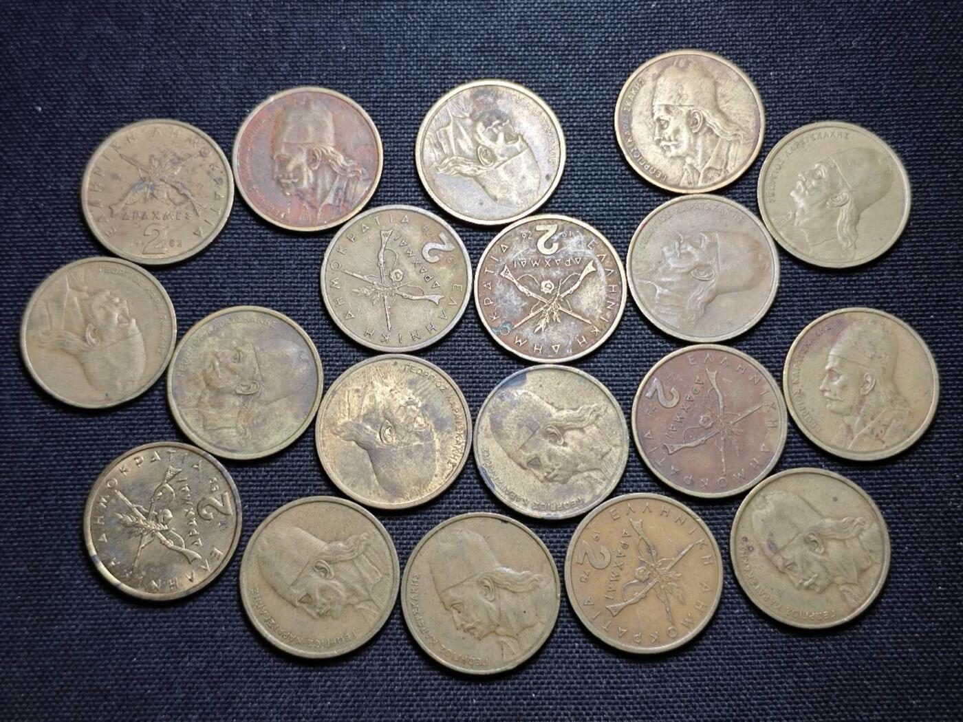 KK钱币收藏小铺  第359场  2月预留时间 周末发货  希腊2德拉克马铜币一组19枚