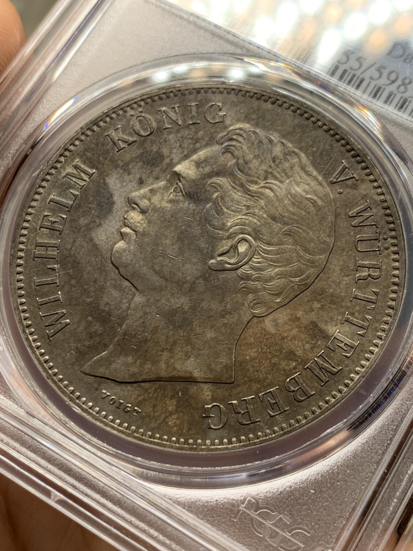 《竞宝斋》第433场 周日，周一 2场连拍 （全场包邮） PCGS AU55 德国符腾堡1855金婚2泰勒银币 状态非常好 包浆有点浓郁了