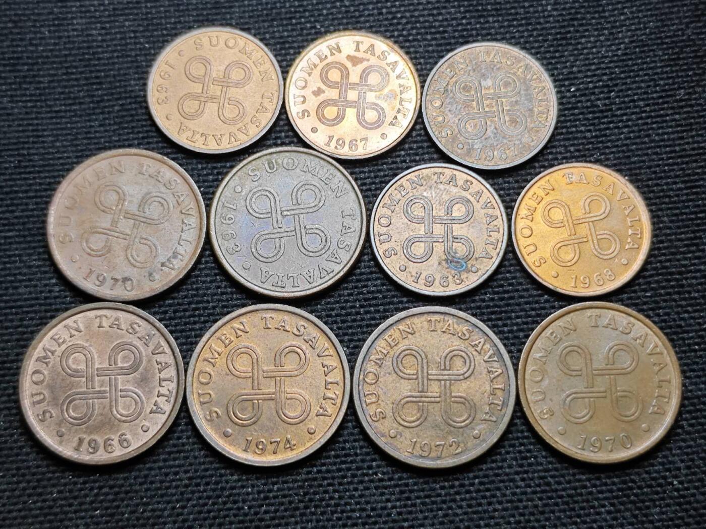 KK钱币收藏小铺  第359场  2月预留时间 周末发货  芬兰芬尼小铜币一组11枚