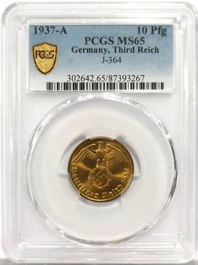 博洋堂世界钱币拍卖第144期（全场包邮） - PCGS MS65 亚军分！德国元首的1937年10芬尼，更高分只有3枚，极其少见！