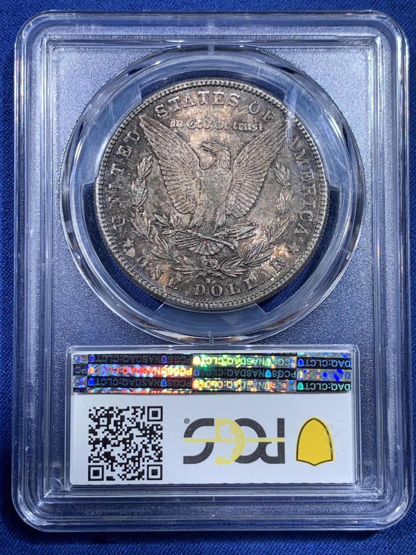 《竞宝斋》第433场 周日，周一 2场连拍 （全场包邮） PCGS MS64 美国1881年摩根银币S厂 两面红金色满彩 底光充足 该枚两面难得彩系统一 光度好