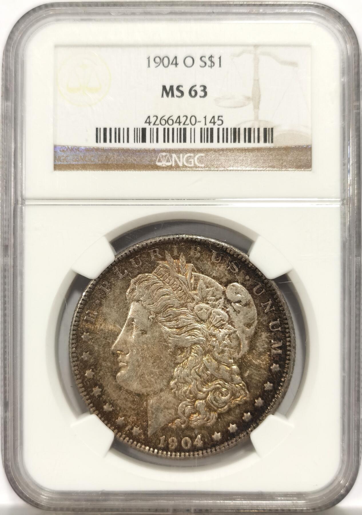 博洋堂世界钱币拍卖第144期（全场包邮） NGC MS63 美国1904年摩根银币O厂 两面金灰满彩，彩的色系统一，均匀