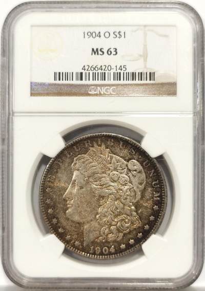 博洋堂世界钱币拍卖第144期（全场包邮） - NGC MS63 美国1904年摩根银币O厂 两面金灰满彩，彩的色系统一，均匀
