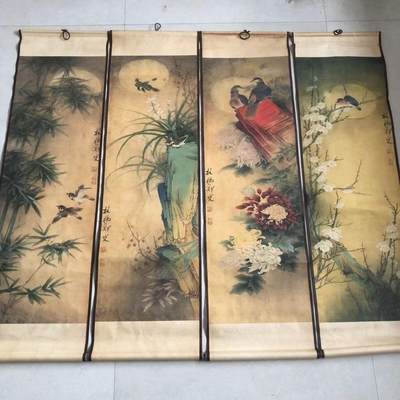 听雨轩（10） 名家名画中堂挂画（一） - 郑板桥 梅兰竹菊花鸟画四条屏（仿古装饰画）