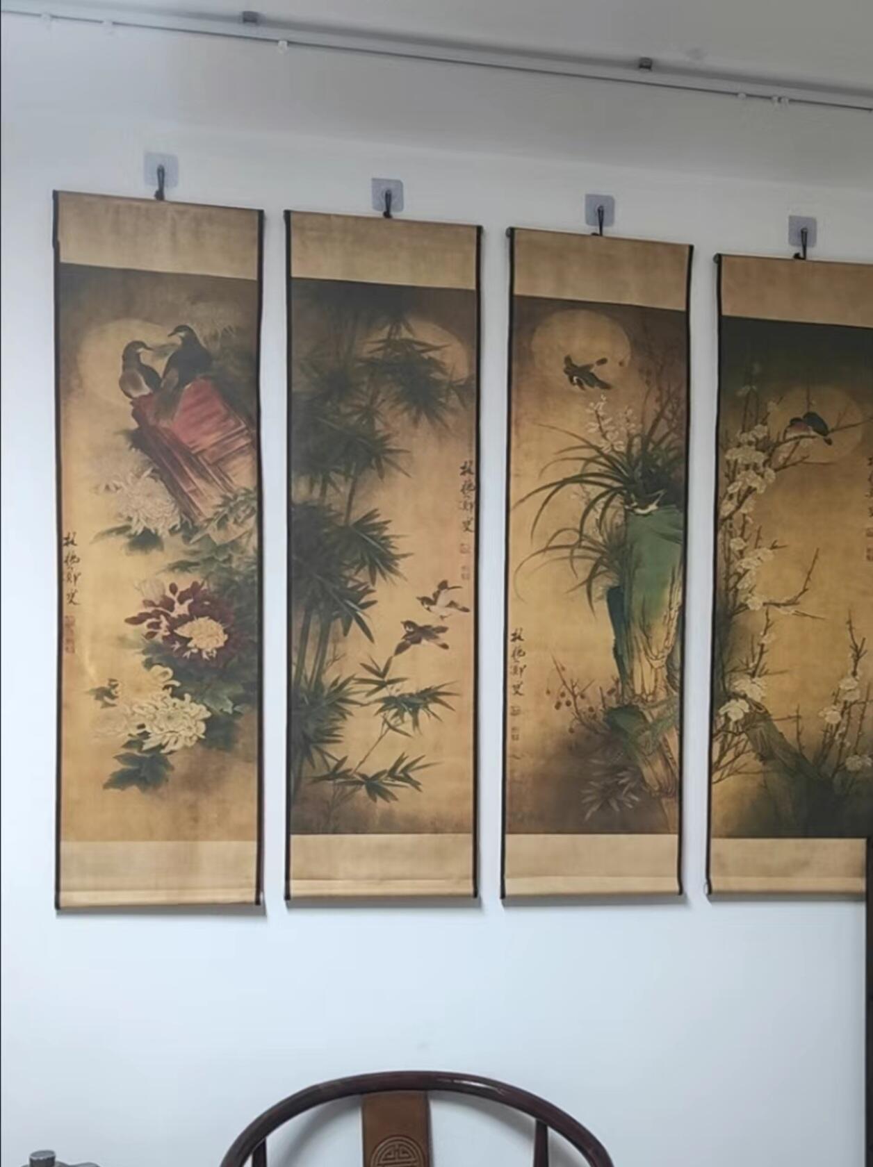 听雨轩（10） 名家名画中堂挂画（一） 郑板桥 梅兰竹菊花鸟画四条屏（仿古装饰画）