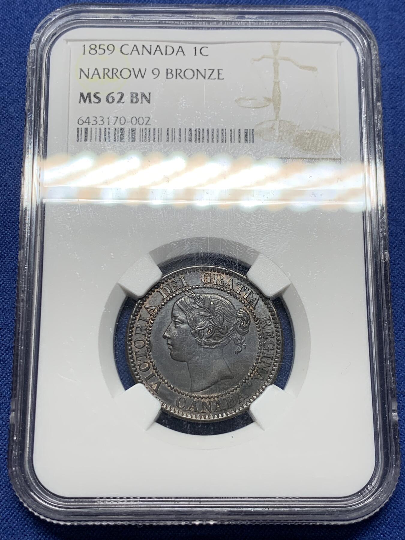《竞宝斋》第433场 周日，周一 2场连拍 （全场包邮） NGC MS62BN 加拿大1859维多利亚女王1分铜币，黑巧克力状态，专属版本的小维头像。早期加拿大常见多VF通货，上MS难度很大。今年2月外拍同分RB品160美金不含佣落槌