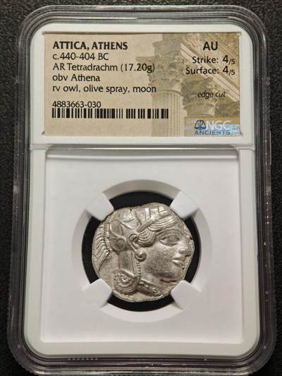 【德藏】世界币章拍卖第151期（拍品征集中~欢迎藏友联系） - 公元前440-404年 古希腊雅典猫头鹰四拉克马银币 NGC AU 图案打制立体感十足