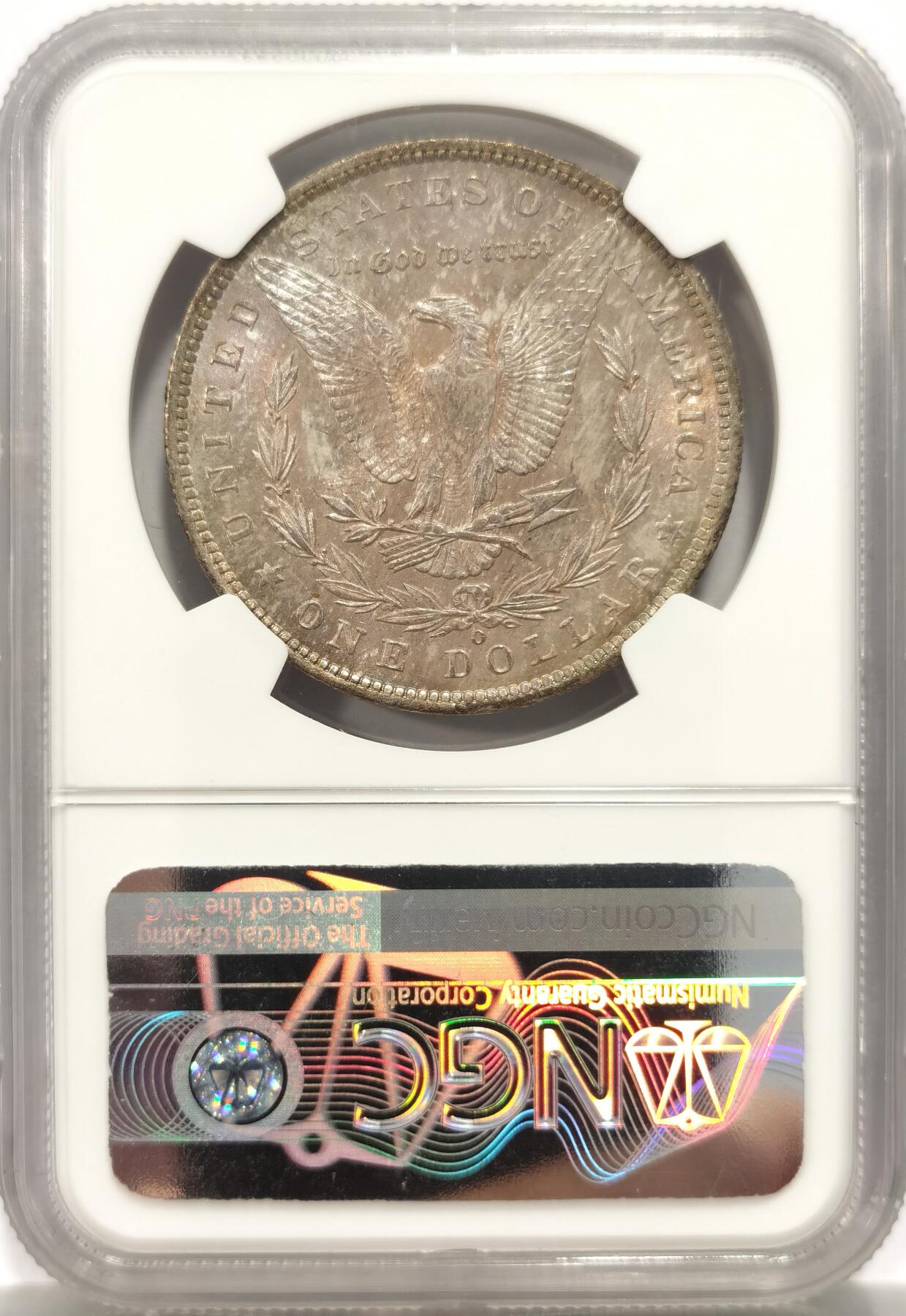 博洋堂世界钱币拍卖第144期（全场包邮） NGC MS65 美国1885年摩根银币O厂 女神面多色系五彩，油画一般 ，背面紫罗兰满彩，非常好看的一枚摩根