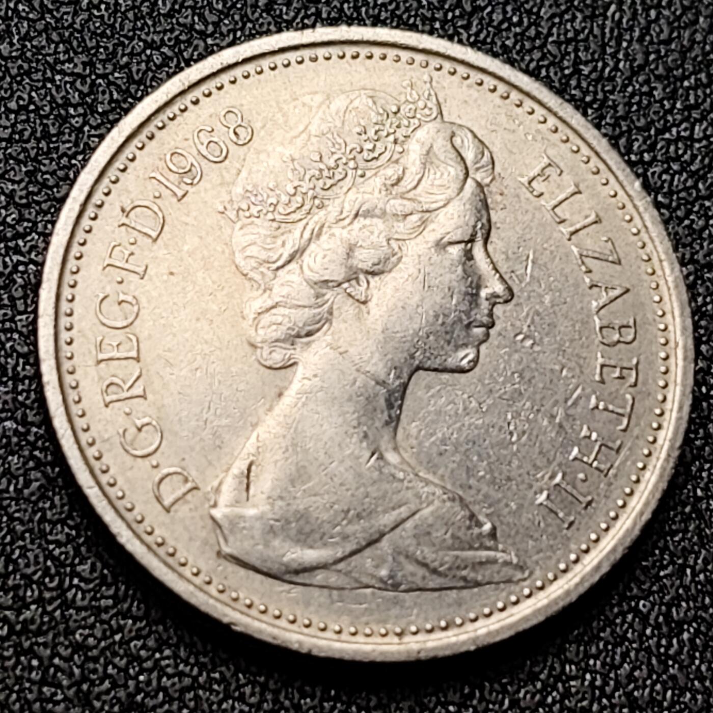 泉币菌-第118场-精品福利场 早期老版 1968年英国大5便士镍币 皇冠蓟草 23mm 