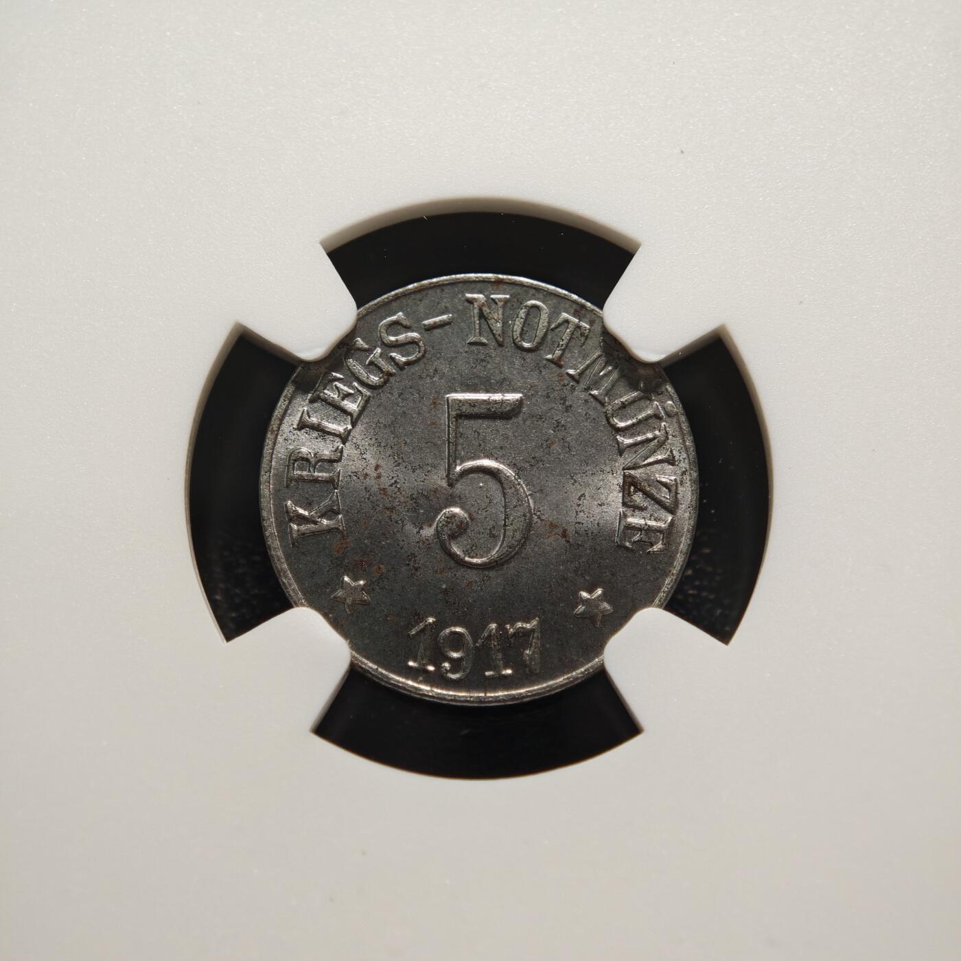 【德藏】世界币章拍卖第151期（拍品征集中~欢迎藏友联系） 1917年 德国紧急时期基尔琴拉米茨5芬尼铁币 NGC MS64 保存不易 状态极佳