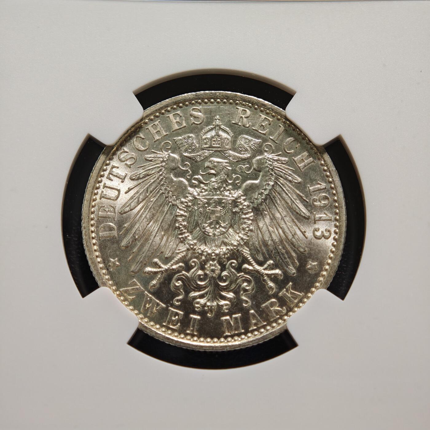 【德藏】世界币章拍卖第151期（拍品征集中~欢迎藏友联系） 1913年 德国普鲁士威廉二世军装2马克银币 NGC MS64 原光极强