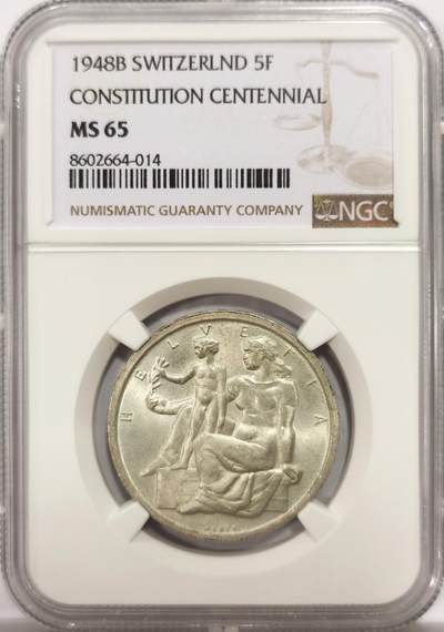博洋堂世界钱币拍卖第144期（全场包邮） - NGC MS65 瑞士1948年宪法5法郎，高分好状态，粉光丝滑，肉眼几无瑕疵可见