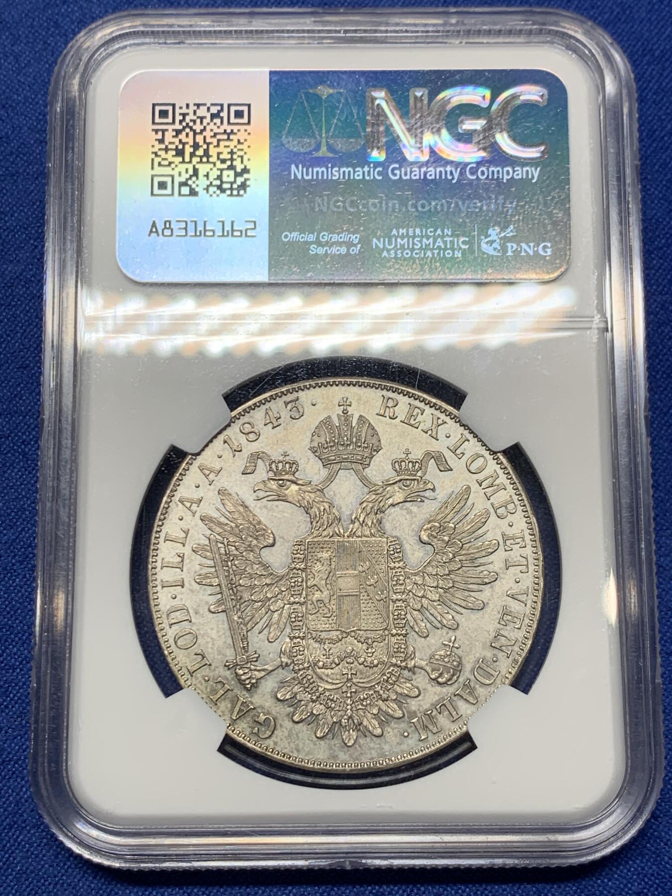 《竞宝斋》第433场 周日，周一 2场连拍 （全场包邮） NGC MS61 奥地利帝国 1843/2A 斐迪南一世 泰勒银币 唯一冠军分 不可多得的藏品