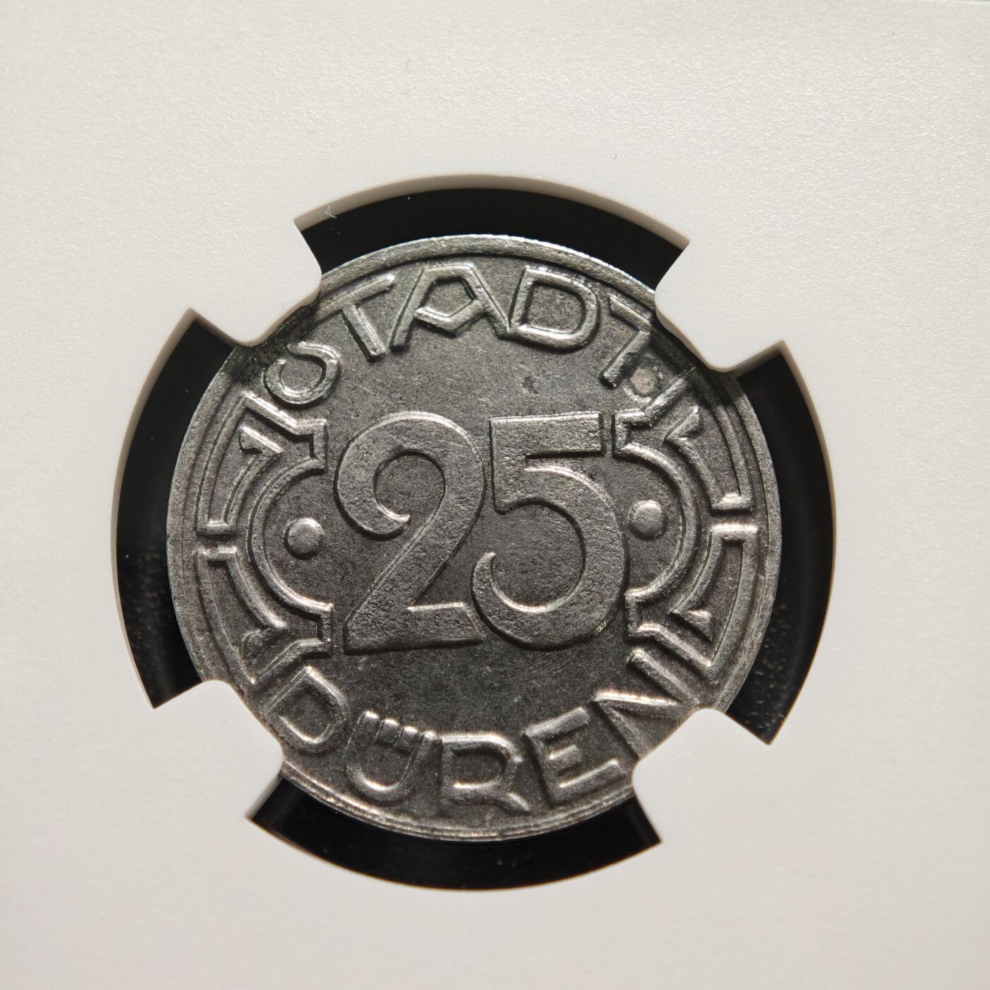 【德藏】世界币章拍卖第151期（拍品征集中~欢迎藏友联系） 1919年 德国紧急时期迪伦矿工25芬尼铁币 NGC MS62 保存不易 状态极佳