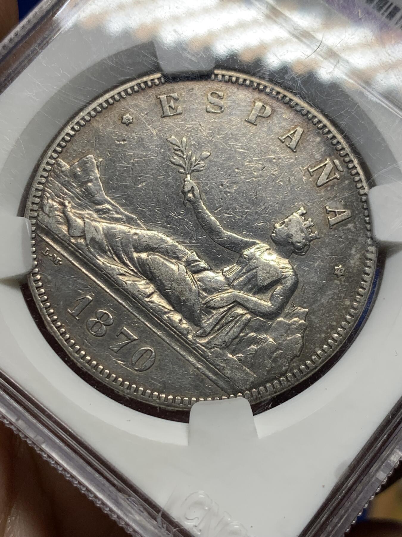 《竞宝斋》第433场 周日，周一 2场连拍 （全场包邮） CNCS XF45 西班牙1870年拿花女神5比塞塔银币