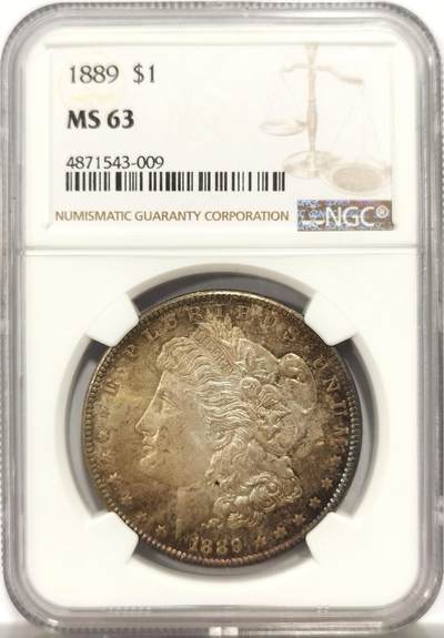 博洋堂世界钱币拍卖第144期（全场包邮） - NGC MS63 美国1889年摩根银币P厂 镜面五彩，两面底板镜面效果明显，配上五彩转光，非常棒的一枚摩根