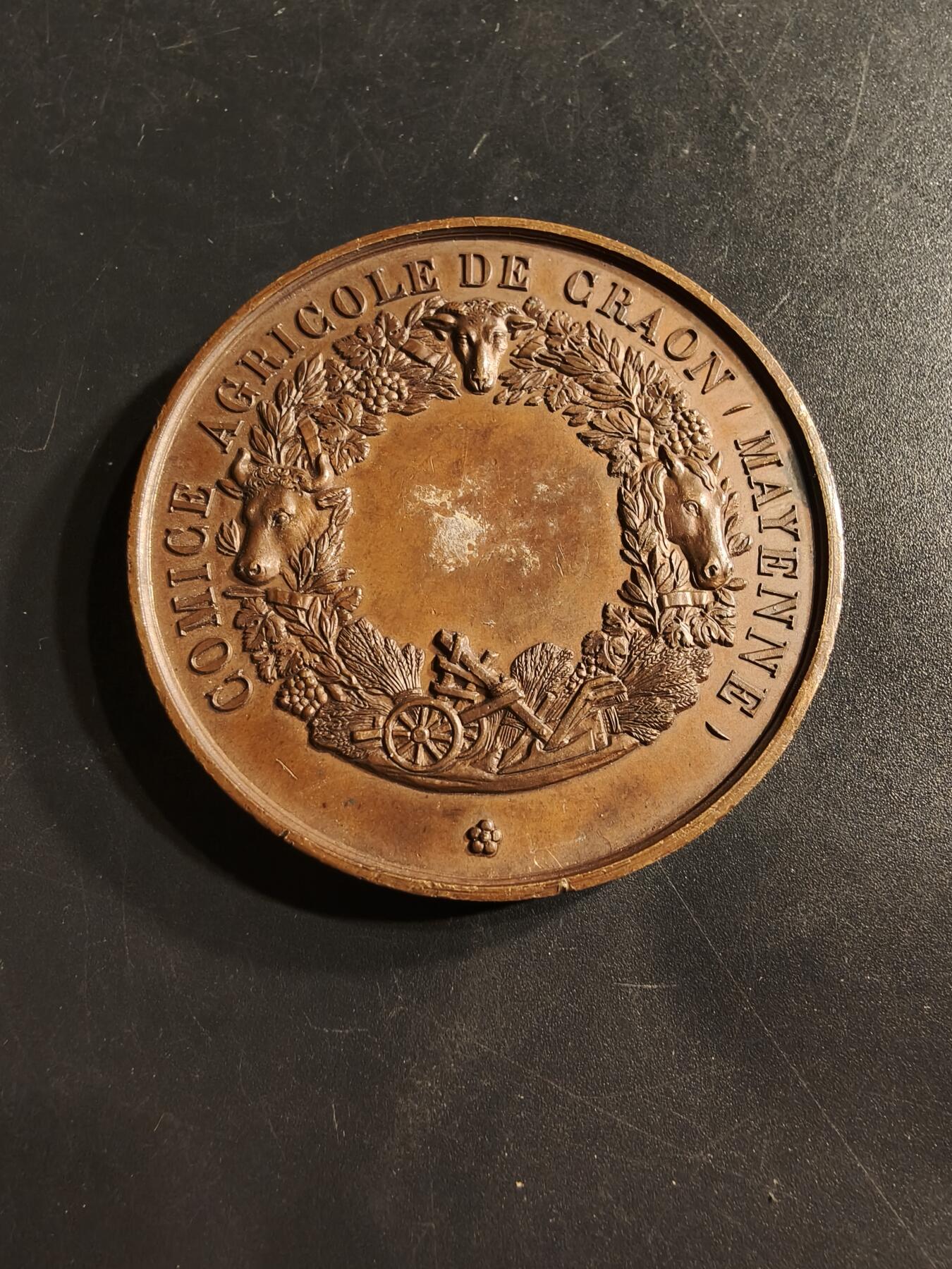 老王徽章第159期 法国马耶纳省农业协会大铜章     直径50mm.    重量61？7g