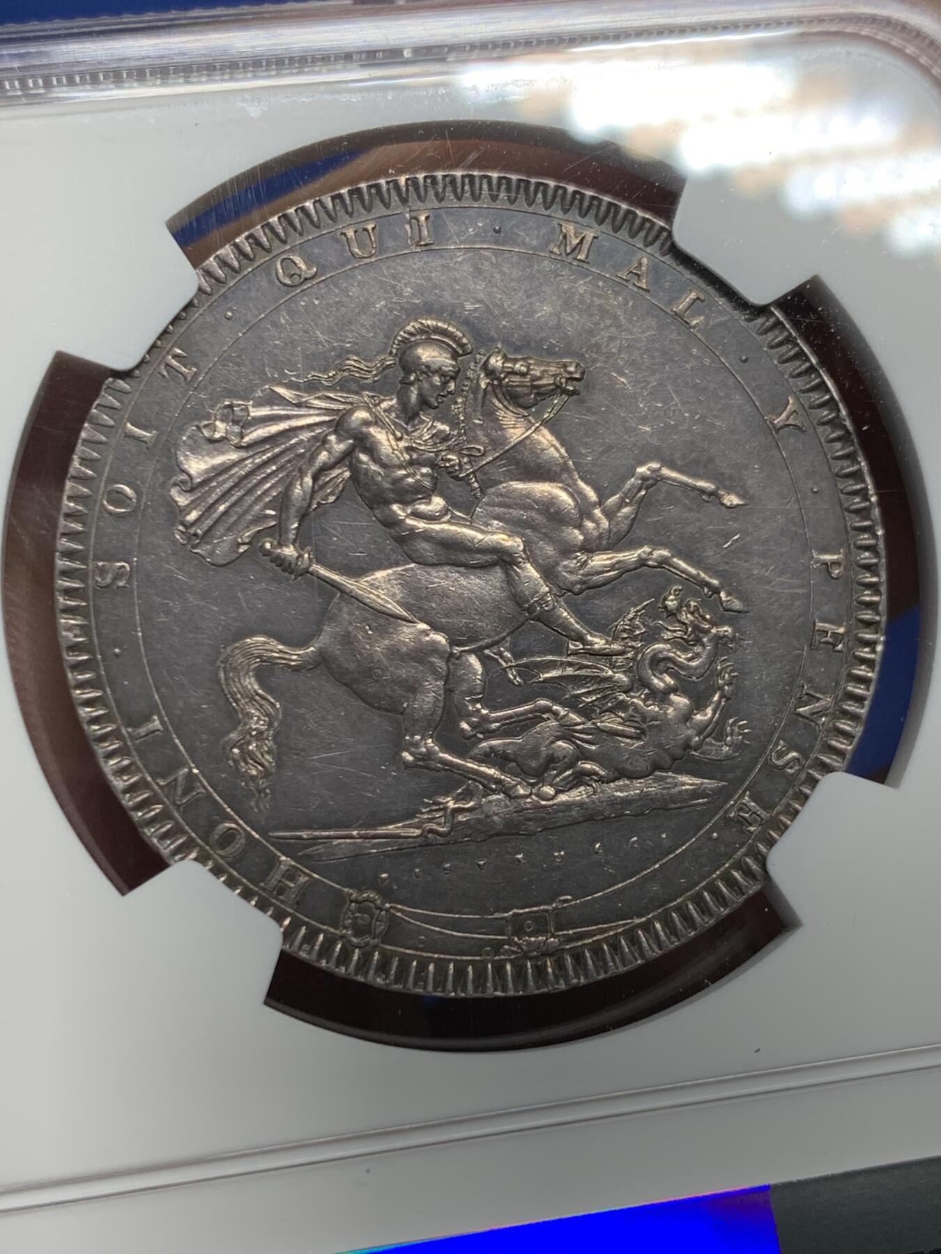 《竞宝斋》第433场 周日，周一 2场连拍 （全场包邮） NGC MS61 英国 1818年 乔治三世 1克朗马剑大银币