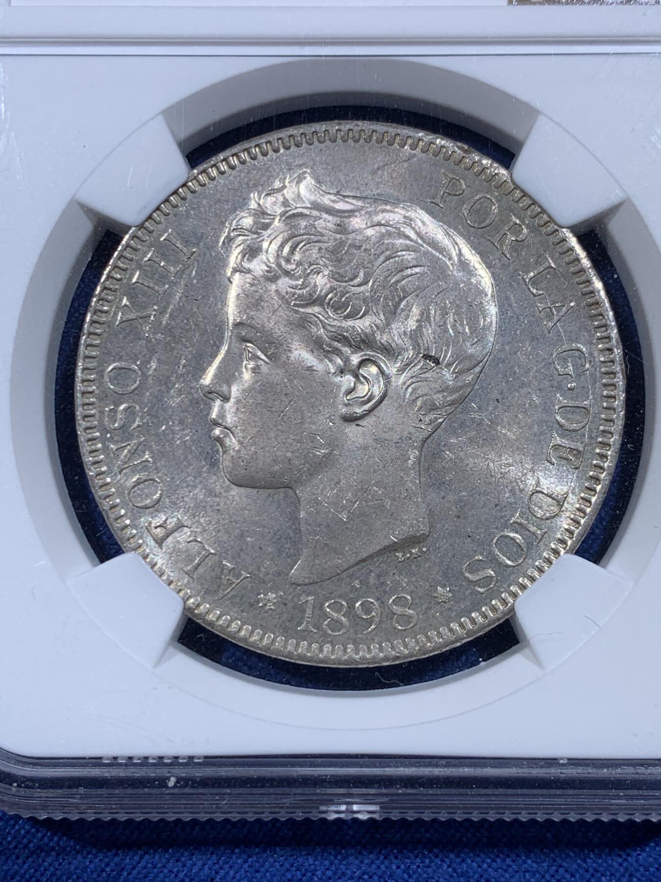 《竞宝斋》第433场 周日，周一 2场连拍 （全场包邮） NGC MS62 西班牙1898年5比塞塔银币 阿方索十三世 车轮转光