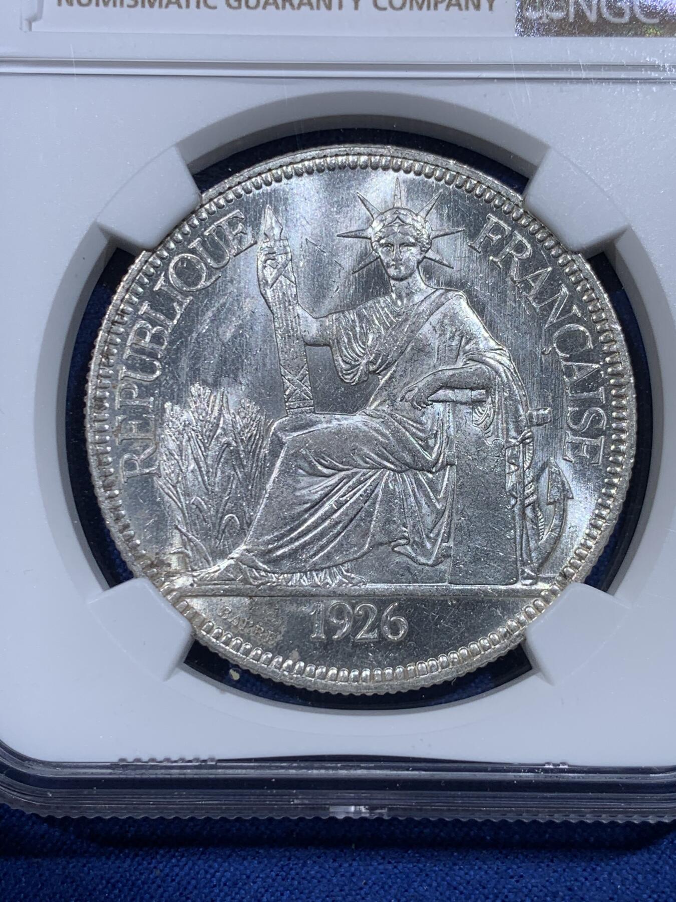 《竞宝斋》第433场 周日，周一 2场连拍 （全场包邮） NGC MS62 法属印支1926年坐洋，超炫原光！
