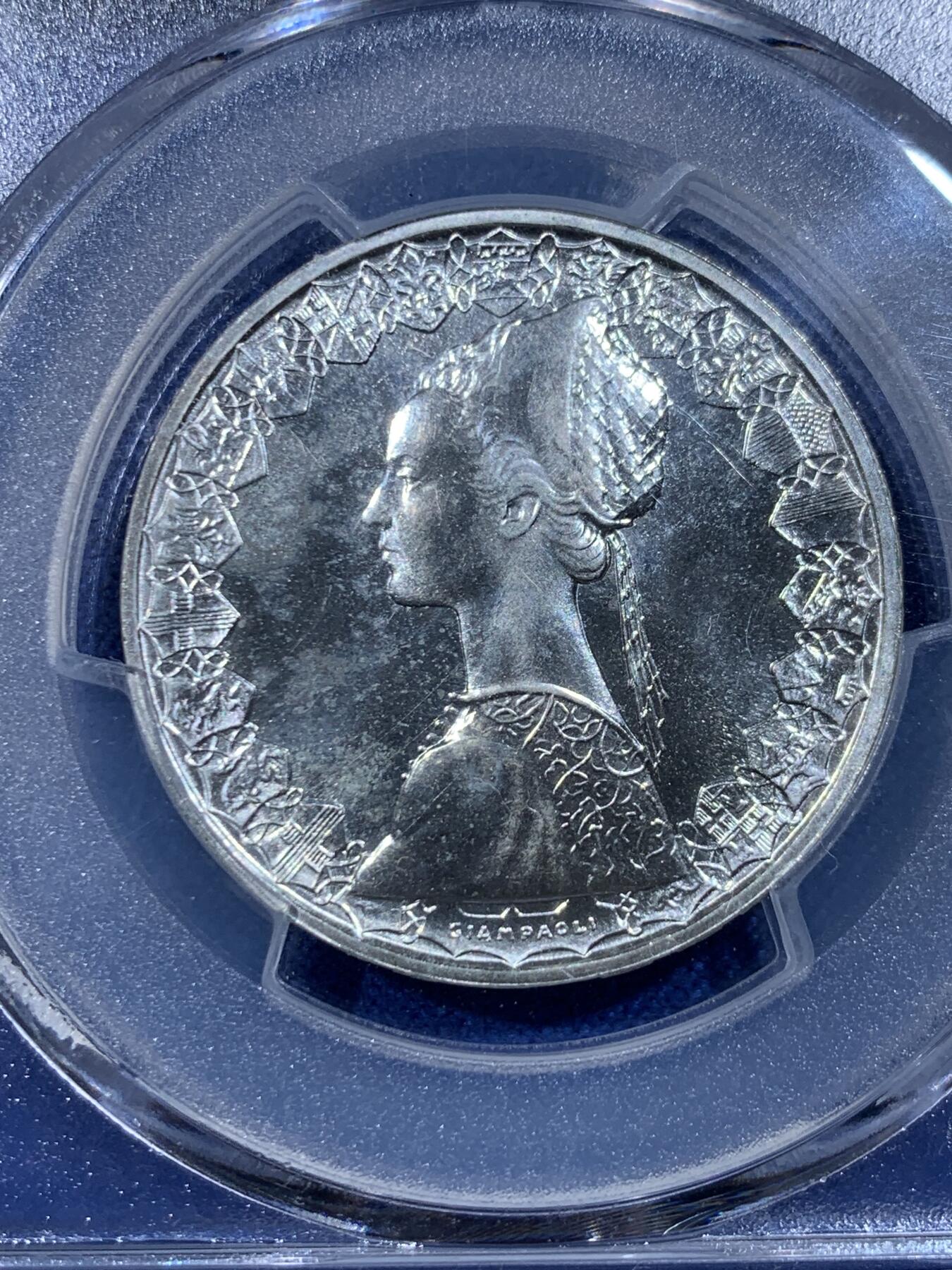 《竞宝斋》第433场 周日，周一 2场连拍 （全场包邮） PCGS MS67 意大利 1983年 人妻帆船500里拉 普制银币 PCGS亚军分，发行量不到77000枚，普制高分难得少见