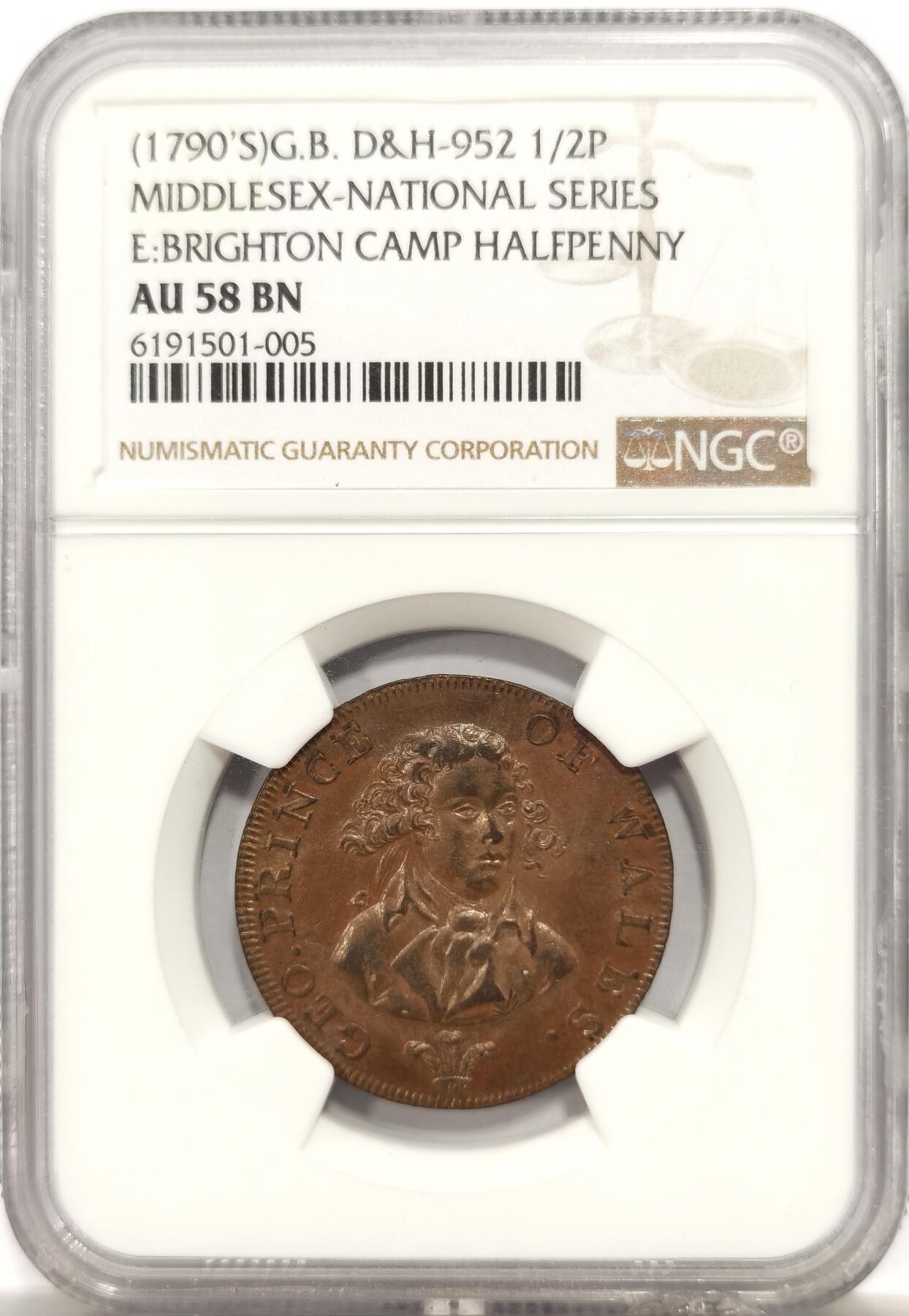 博洋堂世界钱币拍卖第144期（全场包邮） NGC AU58 英国1790年米德塞斯半便士TOKEN 带光带彩，明显低评，人物表情、发饰、服饰清晰，背面狮马、盾徽清晰，盒子正面下方有小磕损