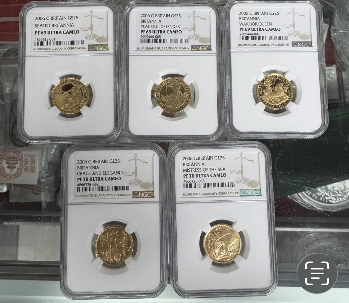 第180期拍卖【长期征集拍品】【北京币展专场】 英国纪念女神系列金币发行20周年，五种不同图案一套。发行量250套。1/4盎司*5枚，含金量91.7%