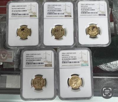 第180期拍卖【长期征集拍品】【北京币展专场】 - 英国纪念女神系列金币发行20周年，五种不同图案一套。发行量250套。1/4盎司*5枚，含金量91.7%