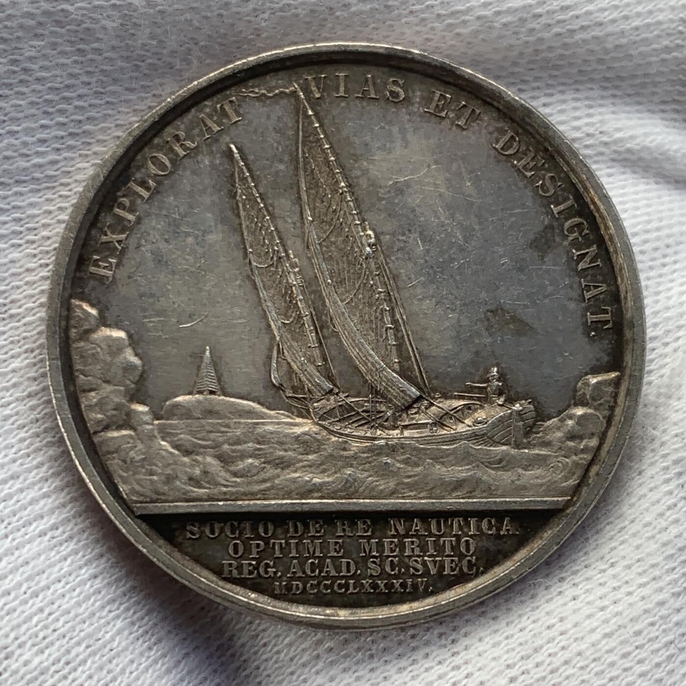 掌中浮雕-藏着的欧洲第039场 1884年瑞典海军中将古斯塔夫·阿夫·克林特银章,  31mm，15g，Lea Ahlborn雕刻，1884年颁发给皇家航海气象局。少见