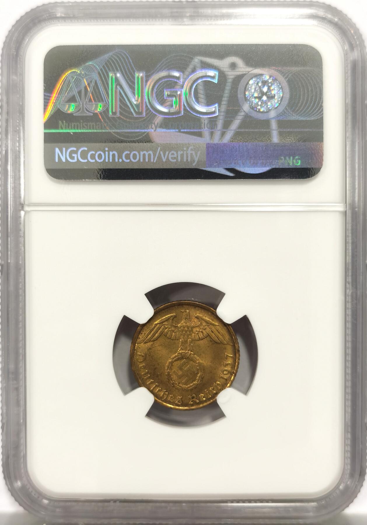 博洋堂世界钱币拍卖第144期（全场包邮） NGC MS64 德国1937年5芬尼，高分少见的元首时代流通币！
