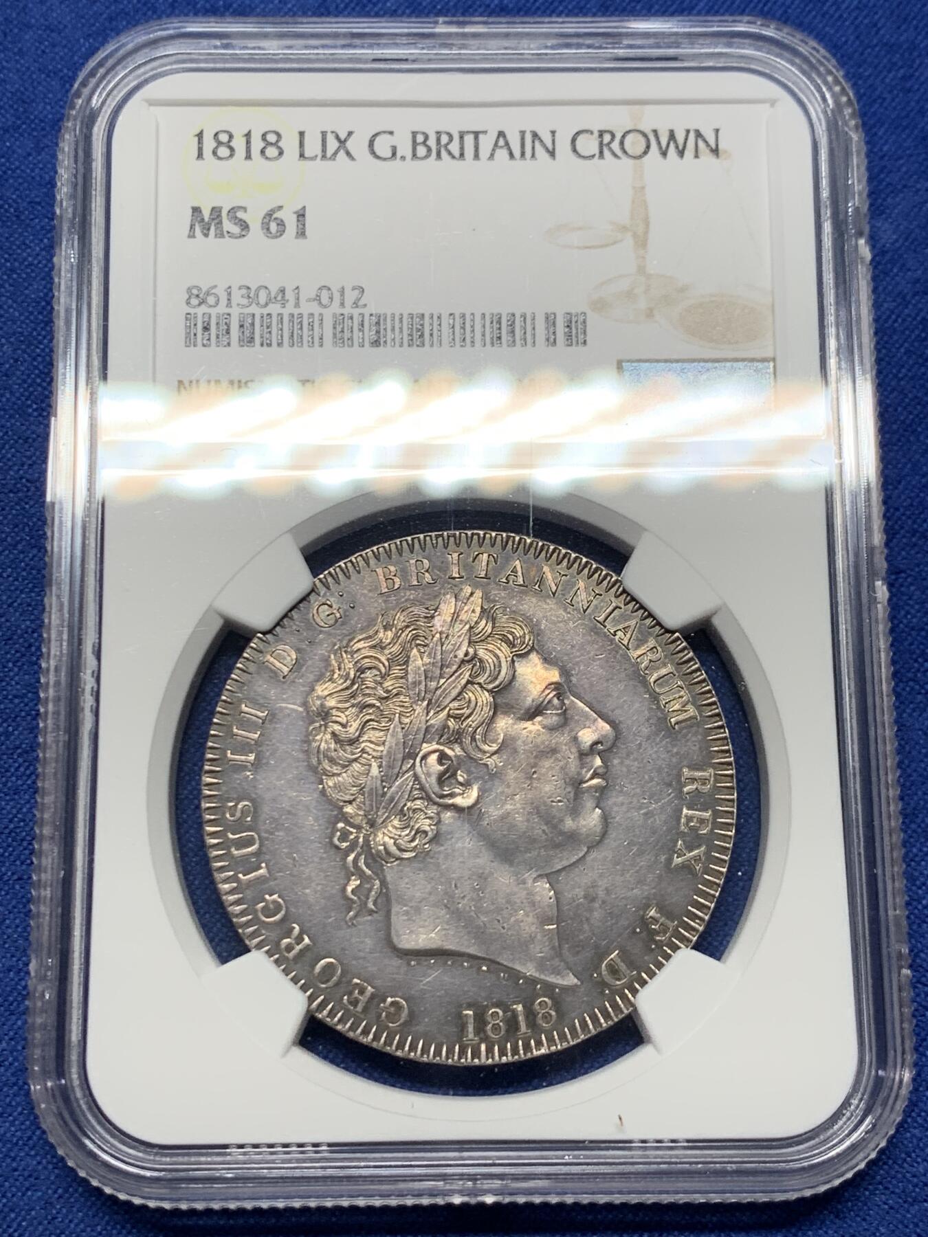《竞宝斋》第433场 周日，周一 2场连拍 （全场包邮） NGC MS61 英国 1818年 乔治三世 1克朗马剑大银币