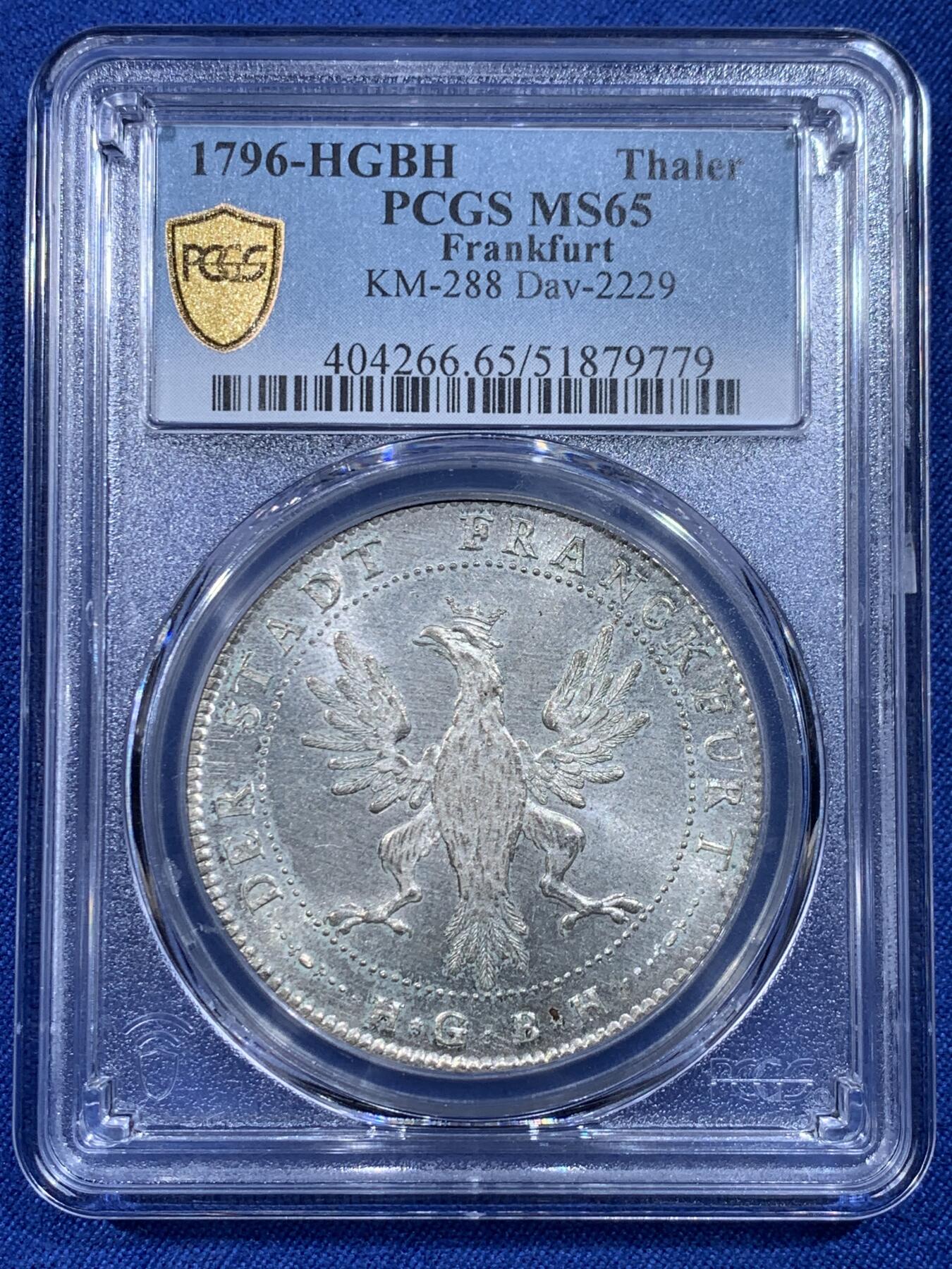 《竞宝斋》第433场 周日，周一 2场连拍 （全场包邮） 冠军分 PCGS MS65 德国 1796 法兰克福 烤鸡泰勒大银币 十字转光 顶级状态 深打凝霜 可遇不可求的状态