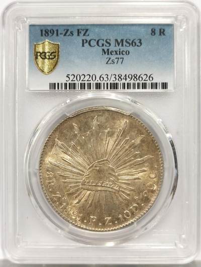 博洋堂世界钱币拍卖第144期（全场包邮） - PCGS MS63 墨西哥1891年ZS FZ版花边鹰洋，罕见的香槟玫瑰金包浆，超强转光。真正的全羽毛非常少见，老鹰全身完美无瑕。早期严评，有64分的潜力。