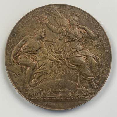 掌中浮雕-藏着的欧洲第039场 - 1889年法国巴黎世博会铜章，63mm，实发阴刻奖牌少见，雕刻家路易.博泰（L.Bottee）作品
