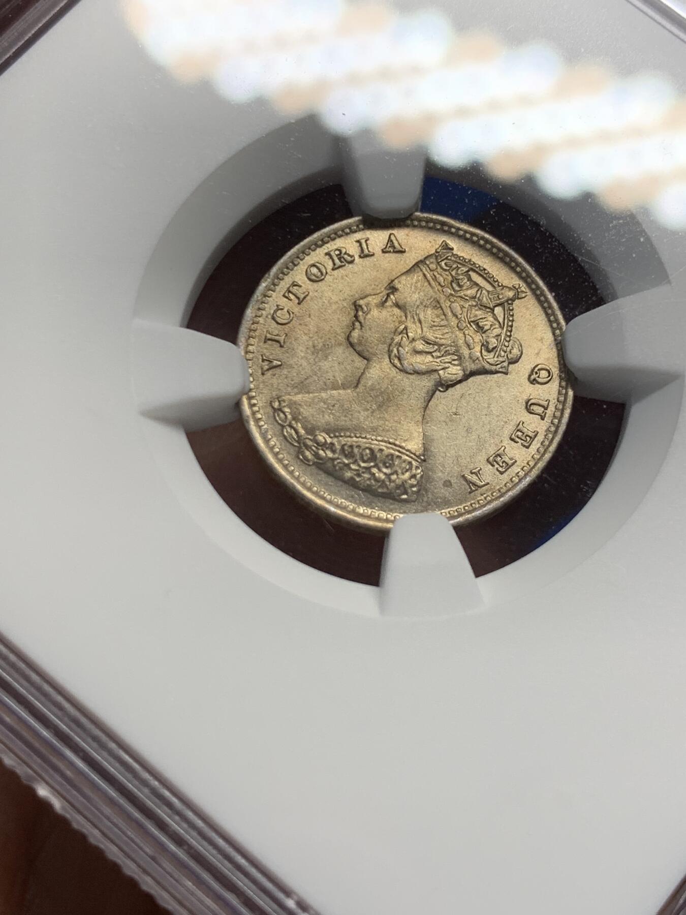 《竞宝斋》第433场 周日，周一 2场连拍 （全场包邮） NGC UNC 香港 1898年 一毫 维多利亚 银币 带原光状态