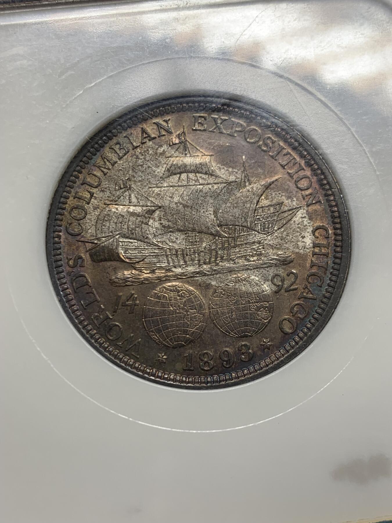 《竞宝斋》第433场 周日，周一 2场连拍 （全场包邮） NGC MS64 美国1893年哥伦布发现新大陆50分纪念银币 美币经典品种 两面玫瑰红彩 背面彩形成趣味币：帆船在暴风雨中乘风破浪