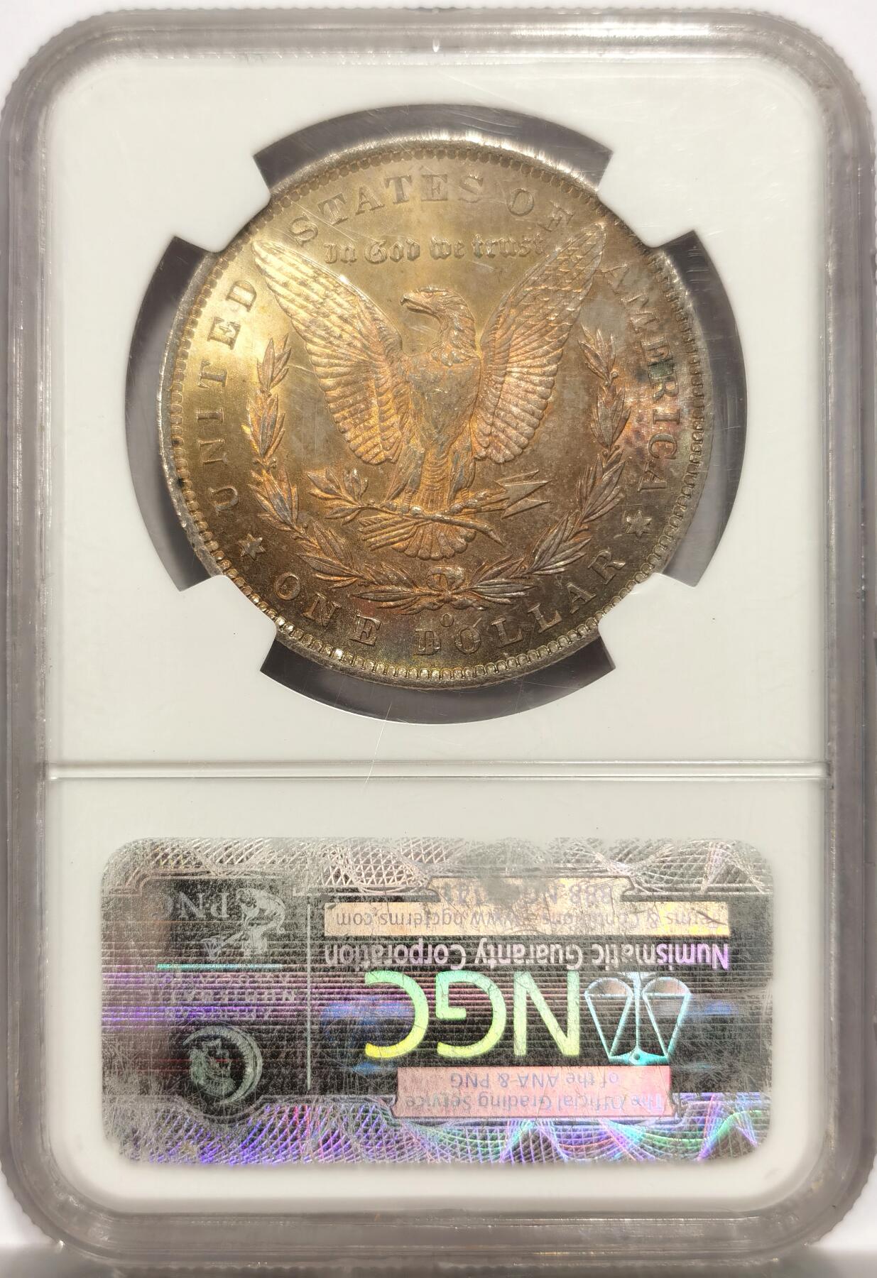博洋堂世界钱币拍卖第144期（全场包邮） NGC MS63 美国1885年摩根银币O厂 女神面金彩满彩，背面金彩，另有蓝红大月牙，收藏级摩根彩