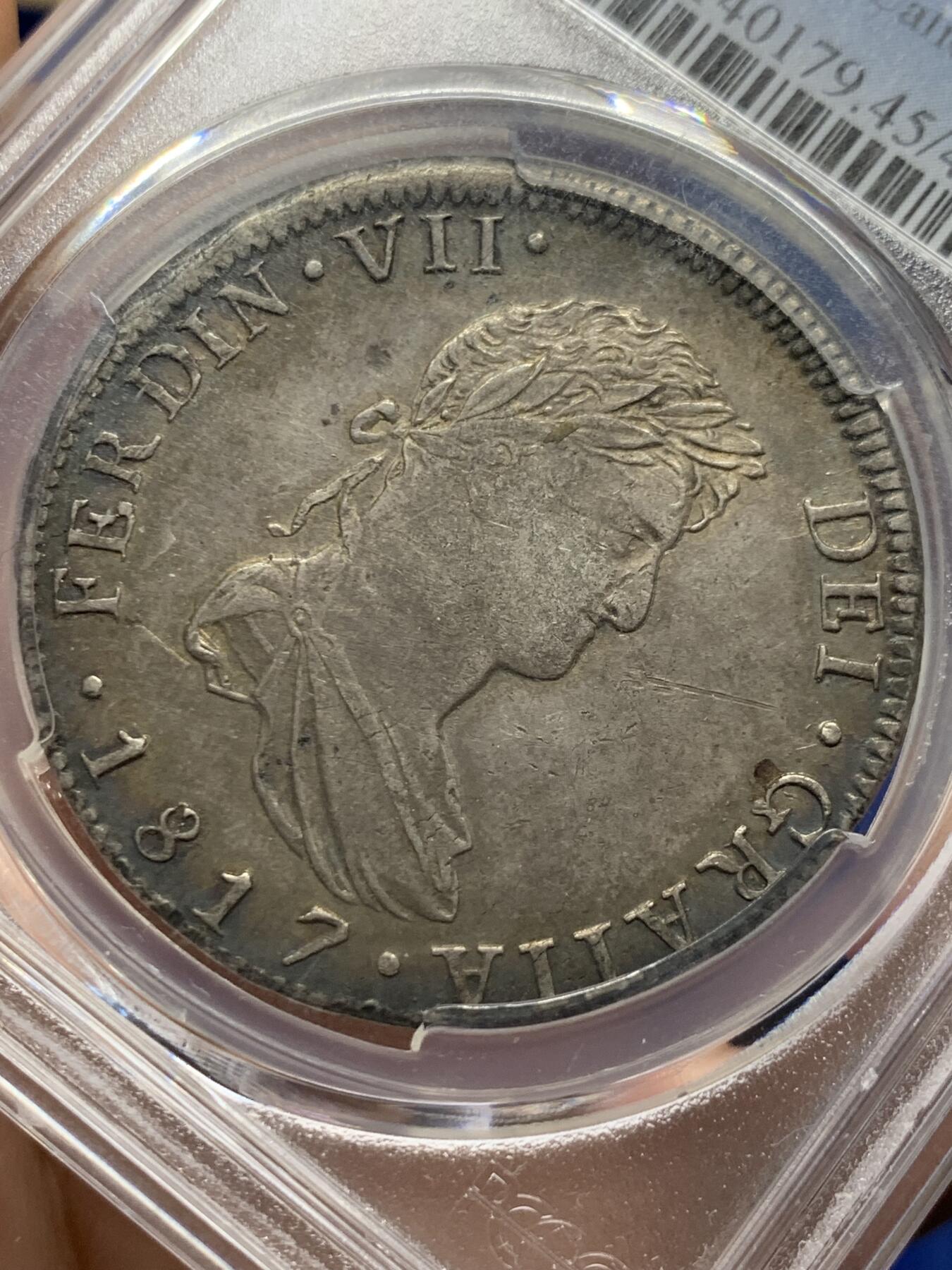 《竞宝斋》第433场 周日，周一 2场连拍 （全场包邮） PCGS XF45 西属墨西哥1817年斐迪南七世双柱银币，超过200年原味传世包浆