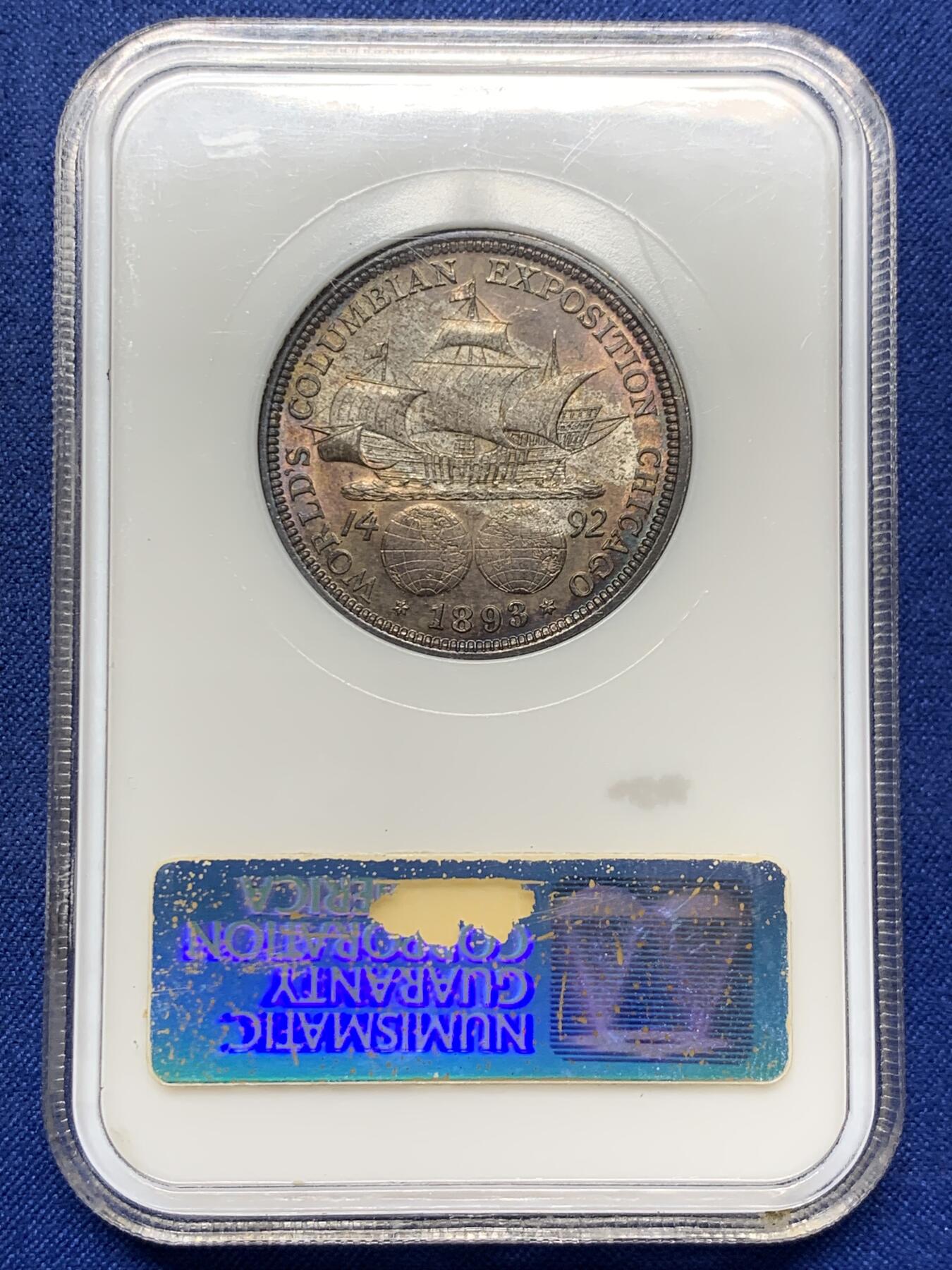 《竞宝斋》第433场 周日，周一 2场连拍 （全场包邮） NGC MS64 美国1893年哥伦布发现新大陆50分纪念银币 美币经典品种 两面玫瑰红彩 背面彩形成趣味币：帆船在暴风雨中乘风破浪