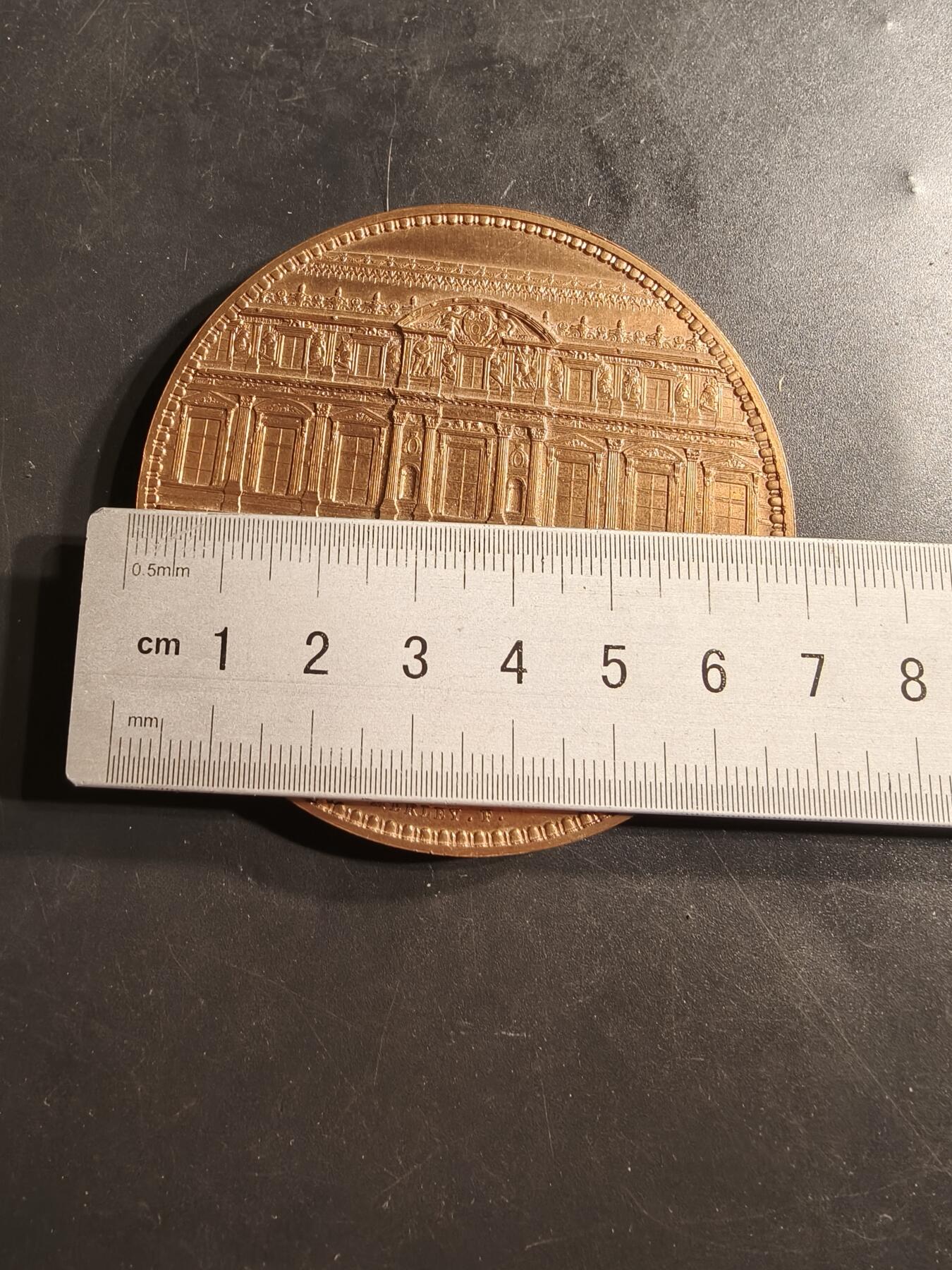 老王徽章第159期 法国财政部大铜章     正面为卢浮宫     直径68mm.    重量161.1g