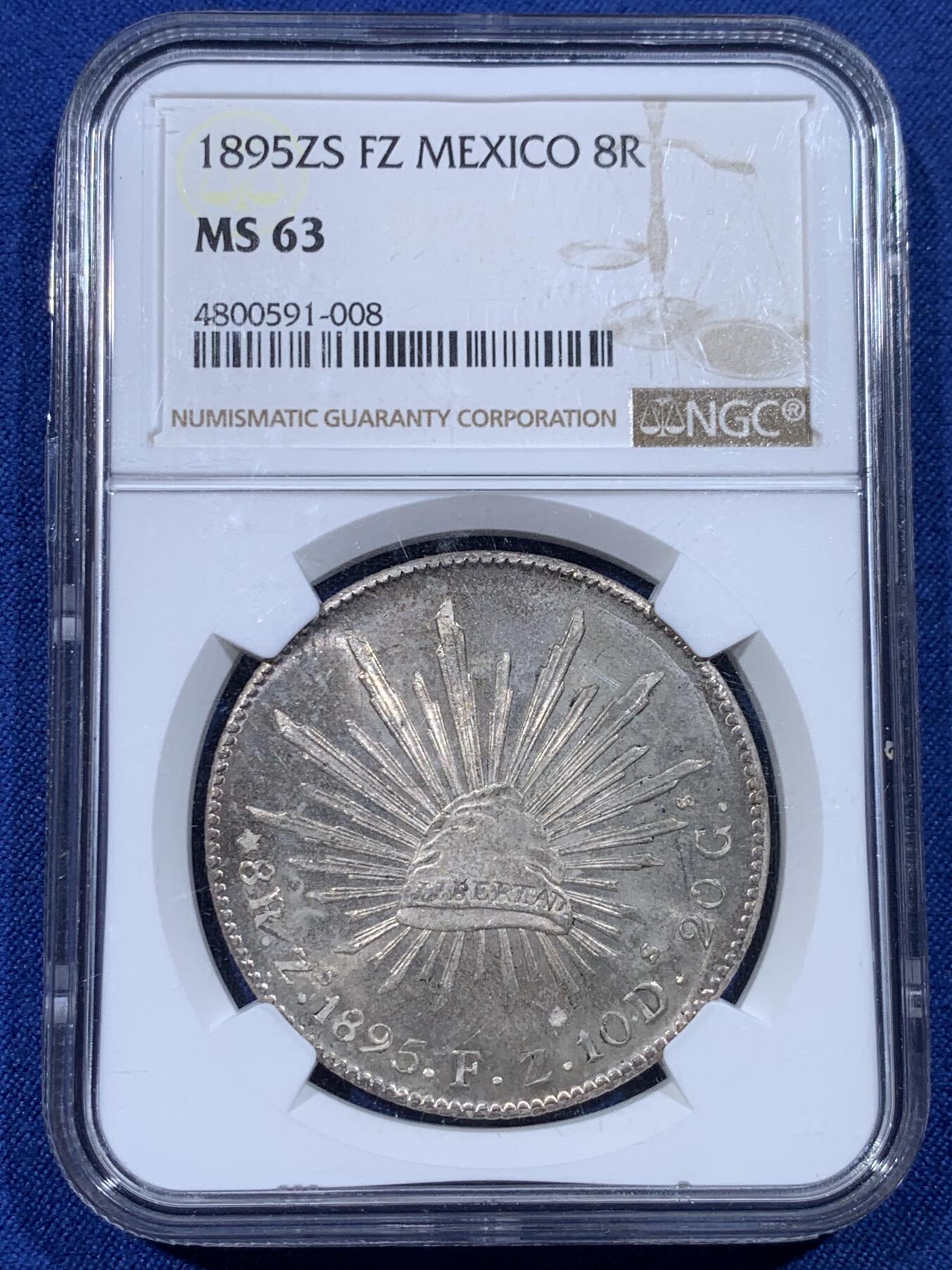 《竞宝斋》第433场 周日，周一 2场连拍 （全场包邮） NGC MS63 墨西哥 1895年ZS FZ版 花边鹰洋 凝霜感强烈