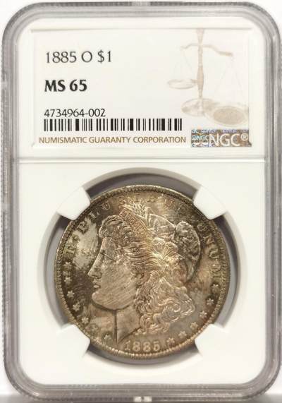 博洋堂世界钱币拍卖第144期（全场包邮） - NGC MS65 美国1885年摩根银币O厂 女神面多色系五彩，油画一般 ，背面紫罗兰满彩，非常好看的一枚摩根