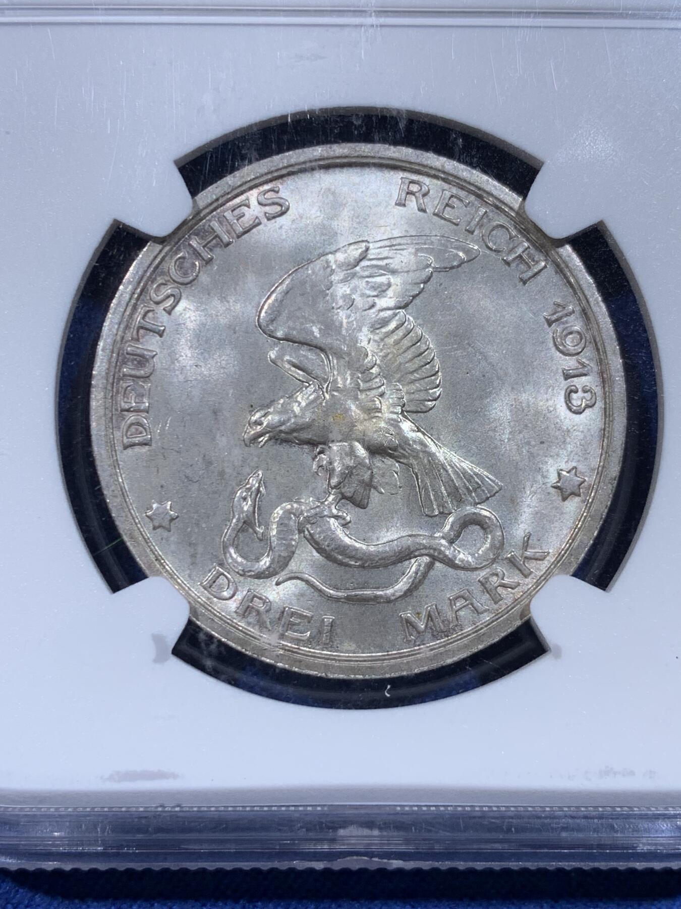 《竞宝斋》第433场 周日，周一 2场连拍 （全场包邮） NGC MS64 德国普鲁士1913年战胜拿破仑纪念3马克银币 双面车轮光