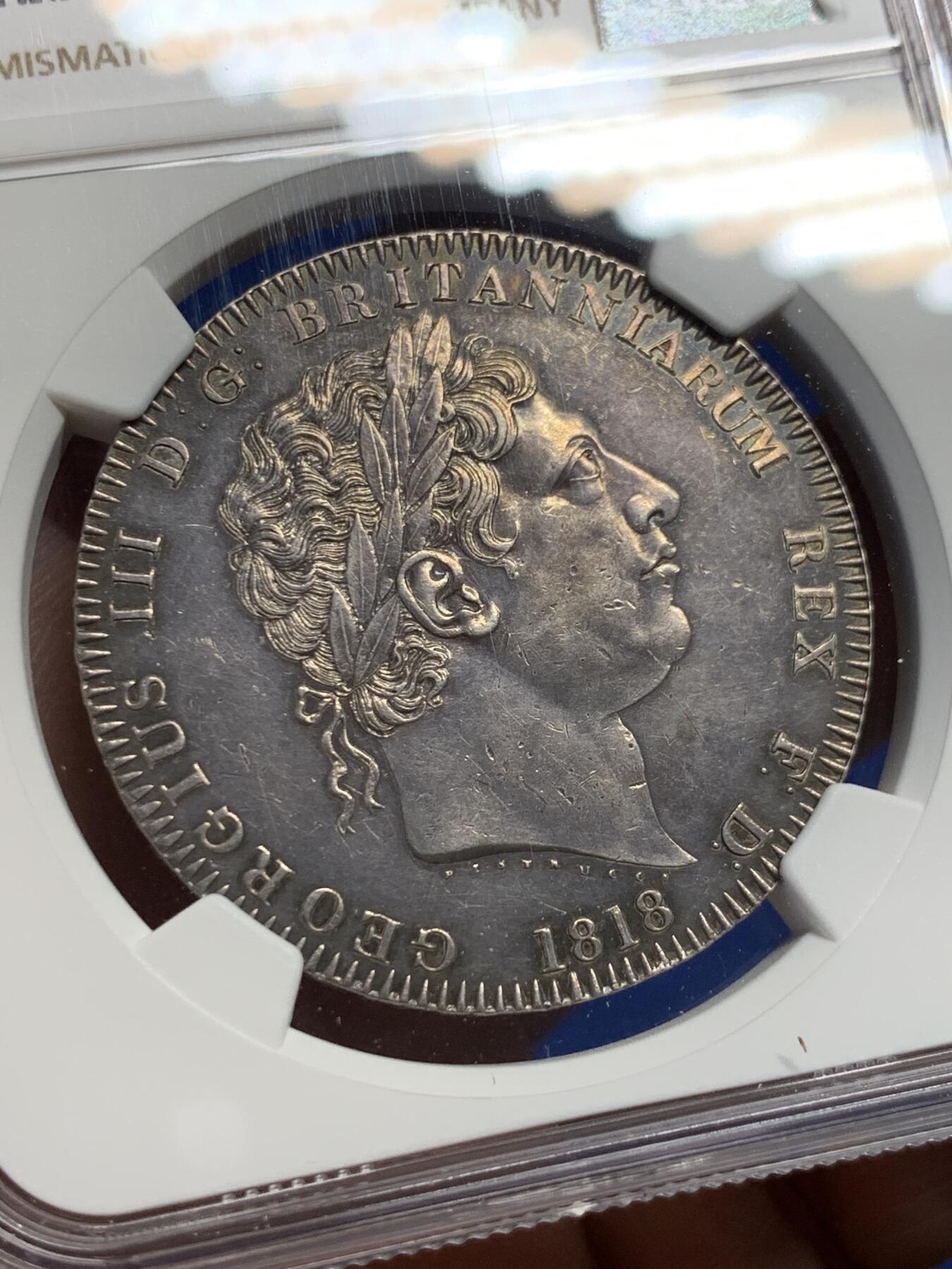 《竞宝斋》第433场 周日，周一 2场连拍 （全场包邮） NGC MS61 英国 1818年 乔治三世 1克朗马剑大银币